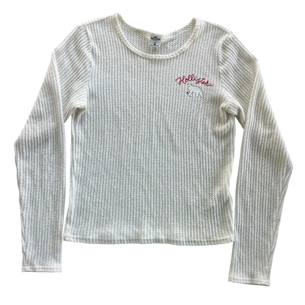 Hollister Women's L Cream Waffle Knit Long Sleeve Christmas Polar Bear Sleep Top